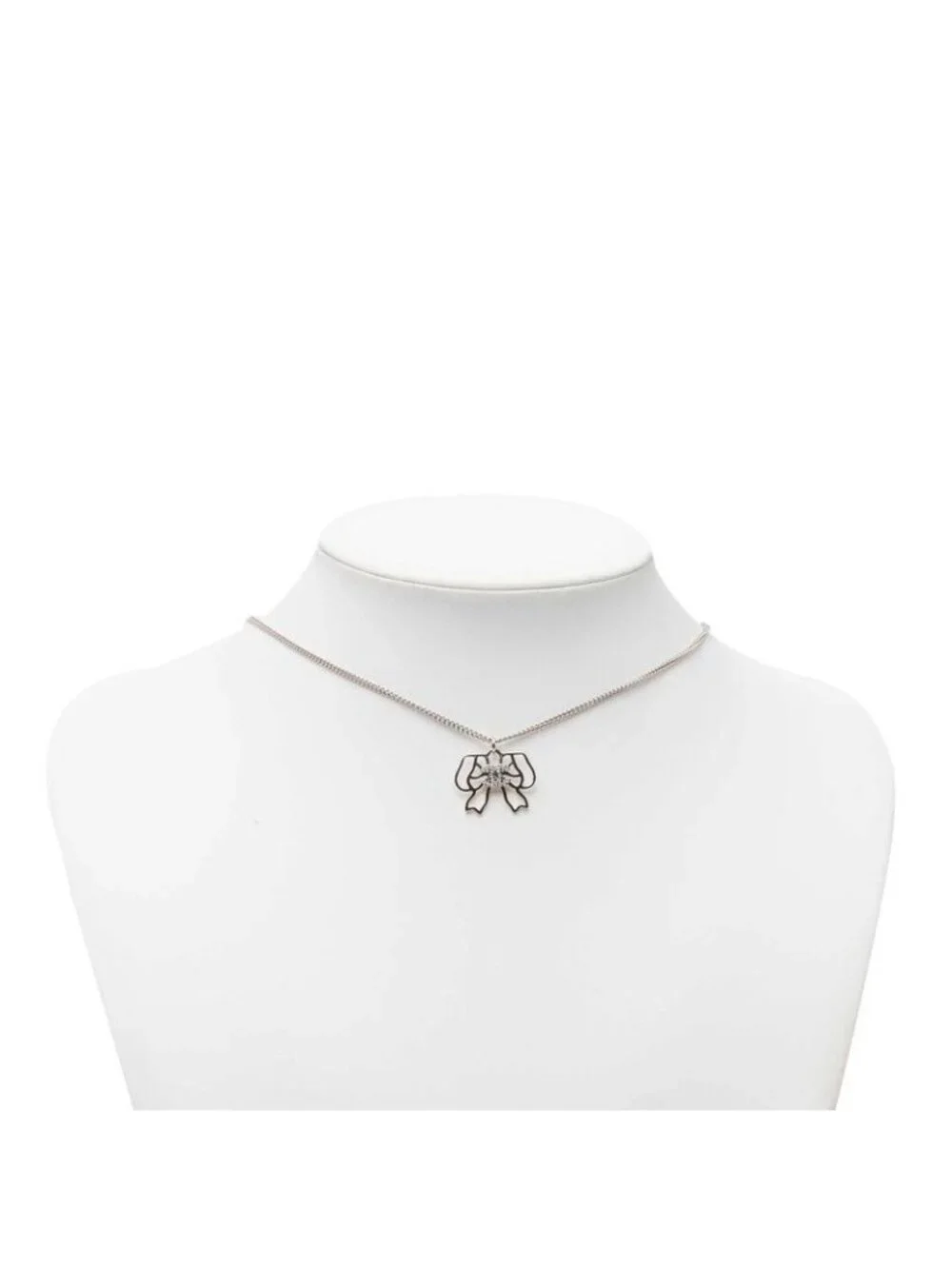 Chanel CC Logo Ribbon Motif Necklace Silver Metal Rhinestone